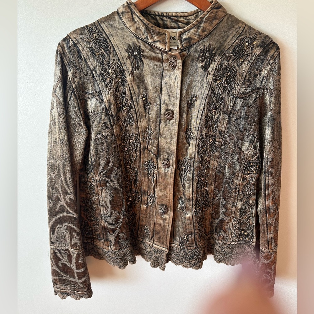 Vintage Flashback Lg Tapestry Embroidered Crocheted Beaded Boho Brown Jacket - Picture 4 of 16